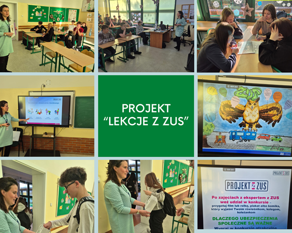 kolaż zdjęć uczniów na spotkaniu z pracownica ZUS