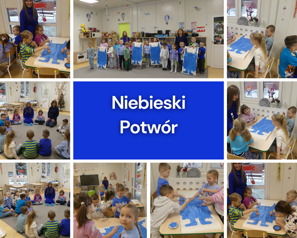 kolaż zdjęć przedszkolaków na zajęciach z panią psycholog