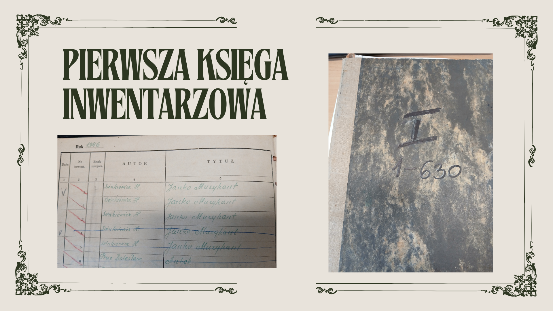 zdjęcie pierwszej strony i okładki księgi inwentarzowej biblioteki