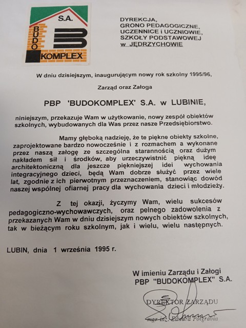 pismo od firmy Budomex o przekazaniu szkoły