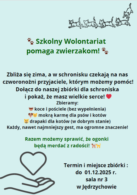 Plakat o akcji charytatywnej Szkolnego Koła Wolontariatu