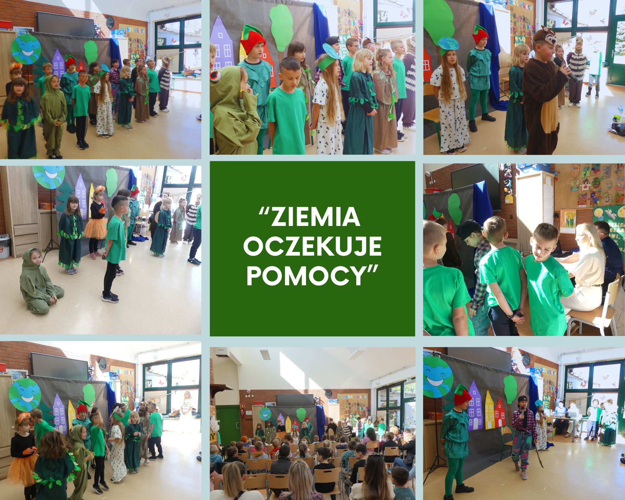 kolaż zdjęć uczniów na przedstawieniu teatralnym Zoiemia oczekuje pomocy