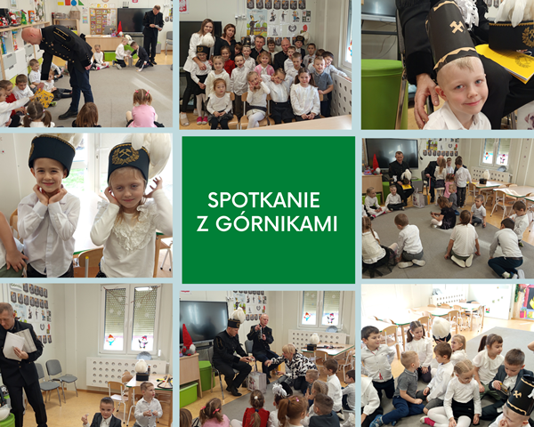 kolaż zdjęć przedszkolaków na spotkaniu z górnikami