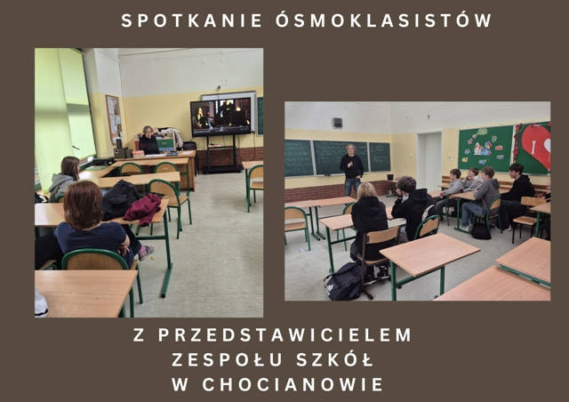 uczniowie w klasie na spotkaniu z przedsztawicielem szkoły w Chocianowie