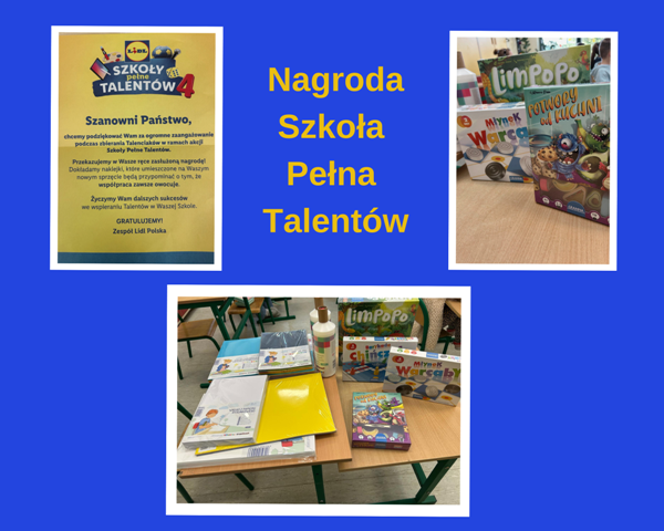 kolaż zdjęć nagród i plakatu z akcji szkoła pełna talentów