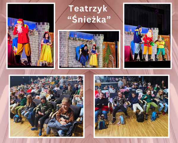 kolaz zdjęć dzieci w auli forum na przedstawieniu teatralnym