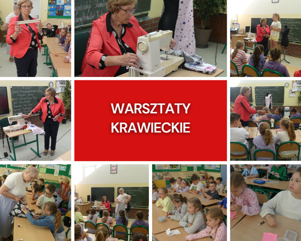 kolaż zdjęć uczniów w klasie na spotkaniu z krawcową