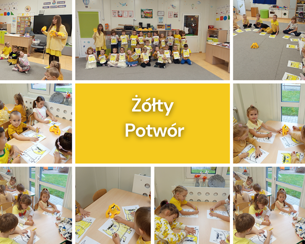 kolaż zdjęć przedszkolaków na zajęciach z panią psycholog