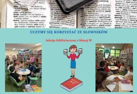 Kolaż zdjęć uczniowie podczas zajęć w bibliotece