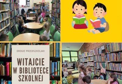 Kolaż zdjęć przedszkolaki w szkolnej bibliotece