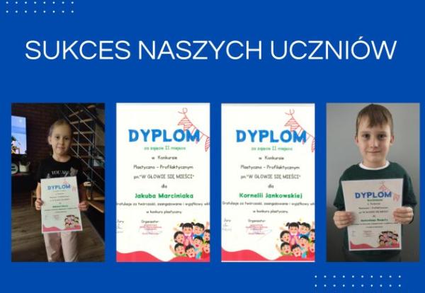 kolaz zdjęć dyplomów i nagrodzonych uczniów