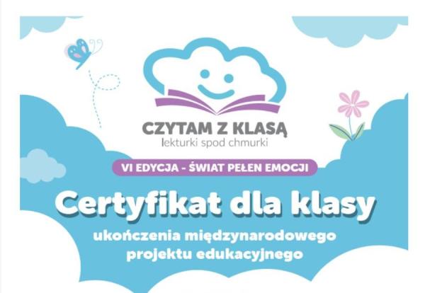 certyfikat dla klasy trzeciej za projekt czytam z klasa lekturki spod chmurki