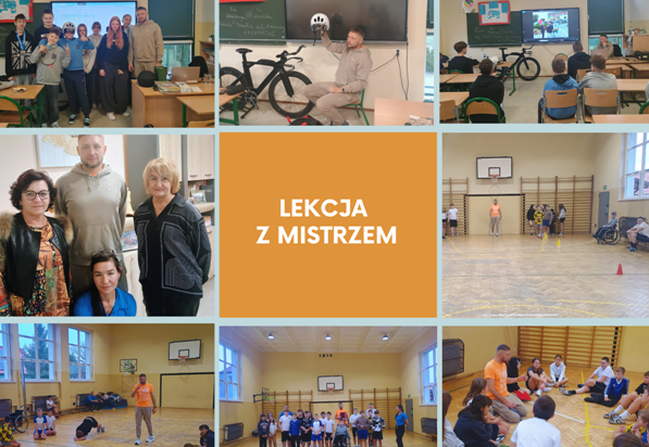 kolaz zdjęć uczniów na spotkaniu z Waldemarem Kończakiem