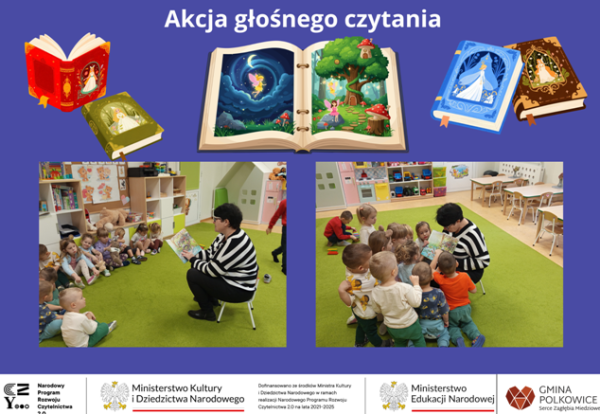 kolaż zdjęć przedszkolaków i bibliotekarki szkolnej