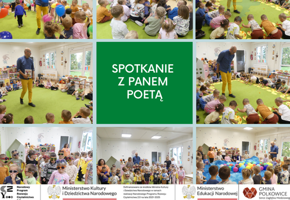 kolaż zdjęć przedszkolaków na spotkaniu autorskim