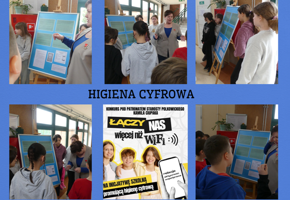 kolaż zdjęć uczniów na pogadance z pieleęgniarka szkolną o higienie cyfrowej