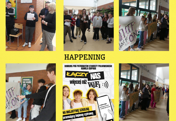 kolaż zdjęć uczniów na korytarzu szkolnym podczas happeningu