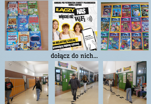 kolaż zdjęć uczniów na korytarzu szkolnym czytających książki i skaczących po śladach