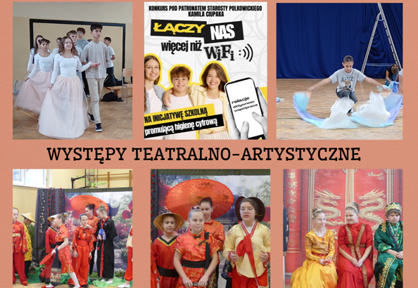 kolaż zdjęć uczniów na próbach teatralnych