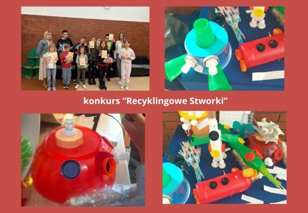kolaż zdjęć uczniów nagrodzonych w konkursie oraz prace konkursowe