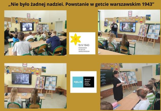uczniowie oglądają film o powstaniu w getcie warszawskim