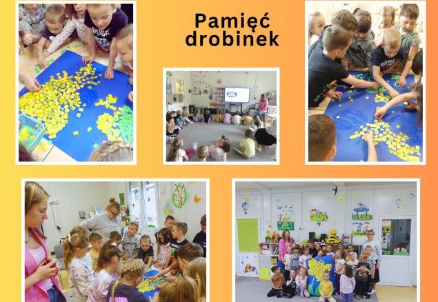 przedszkolaki oglądają bajkę edukacyjną pamięć drobinek i wykonują pracę plastyczną z żonkilem