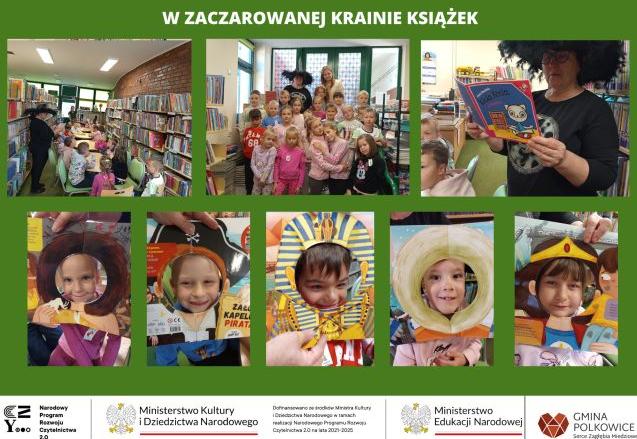 kolaż zdjęć przedszkolaków na zajęciach w bibliotece szkolnej