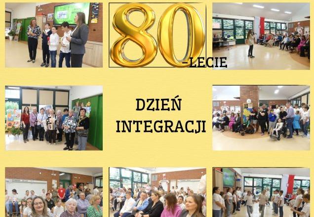 Kolaż zdjęć uczniów, nauczycieli i gości na uroczystym apelu z okazji Dnia Integracji