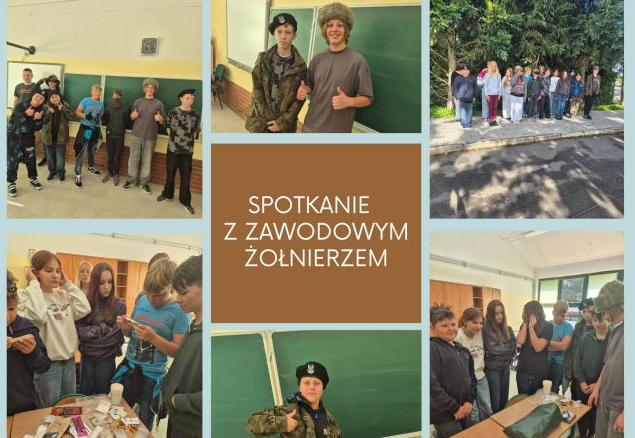 kolaż zdjęć uczniów na spotkaniu z żołnierzem