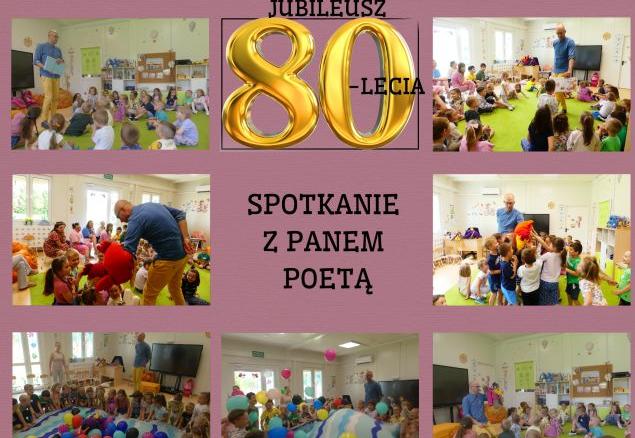 kolaż zdjęć przedszkolaków na spotkaniu z pisarzem