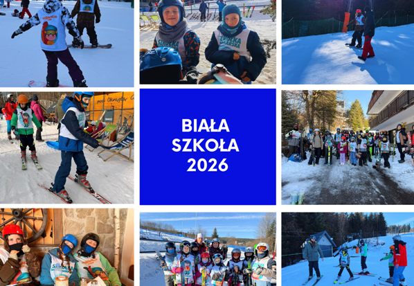 kolaż zdjęć uczniów i wychowawców na stoku narciarskim