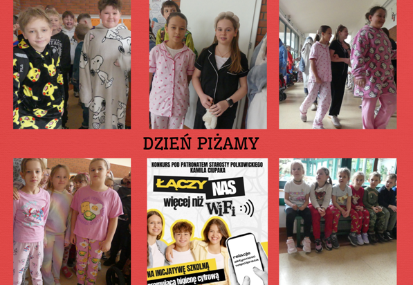 uczniowie w piżąmach na korytarzu szkolnym