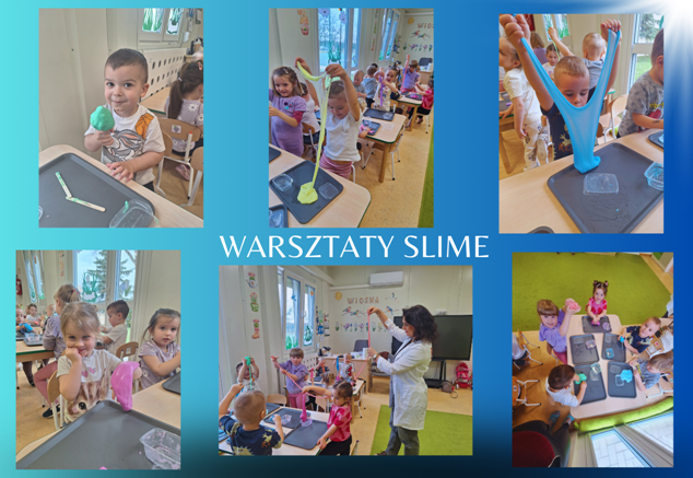 kolaż zdjęć przedszkolaków bawiących sie glutem slime