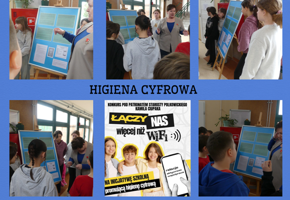 kolaż zdjęć uczniów na pogadance z pielęgniarką szkolną o higienie cyfrowej