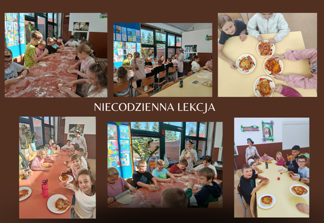 kolaż zdjęć uczniów robiących pizzę na stołówce szkolnej