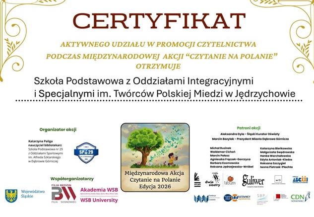 certyfikat udziału szkoły w akcji Czytanie na Polanie